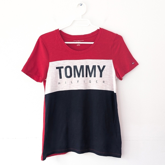 Tommy Hilfiger Women's Classic Color Block Red Navy White T-shirt ~ Size Medium - Picture 1 of 9